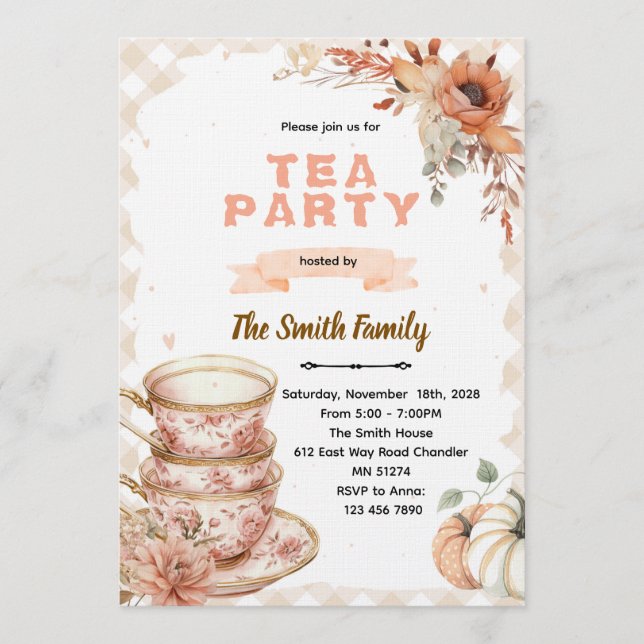 Fall autumn thanksgiving tea party invitation  (Front)