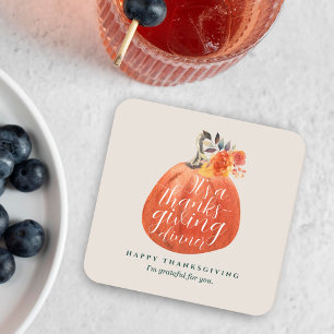 Fall Autumn Thanksgiving Watercolor Pumpkin Square Paper Coaster