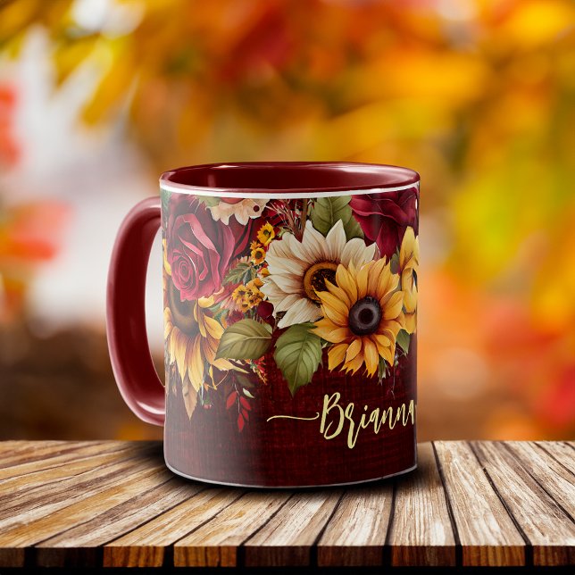 Fall autumn themed burgundy roses sunflowers mug (Bridesmaid gifts Fall autumn themed burgundy roses sunflowers mug)