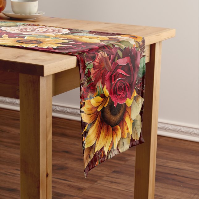Fall autumn themed burgundy roses sunflowers  short table runner (In Situ)