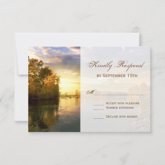 Fall Autumn Trees River Sunset Wedding RSVP Cards (Front)
