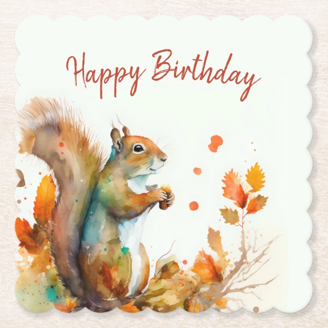 Fall / Autumn vibes Squirrel -  Birthday Party - Paper Coaster (Front)
