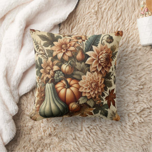 Fall Autumn Vintage Floral Pumpkin Throw Pillow