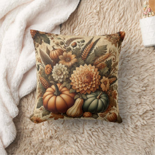 Fall Autumn Vintage Floral Thanksgiving Pumpkin Cushion