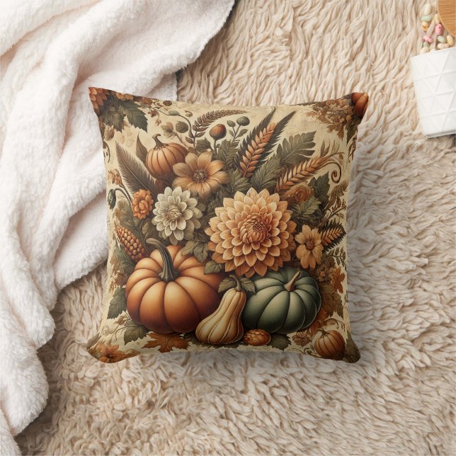 Fall Autumn Vintage Floral Thanksgiving Pumpkin Cushion (Blanket)