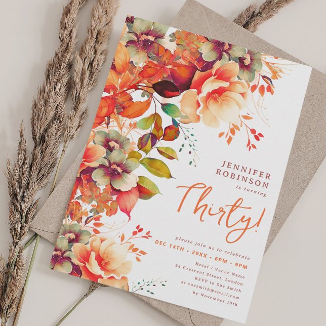 Fall Autumn Watercolor Floral 30th Birthday  Invitation (Fall Autumn Watercolor Floral 30th Birthday Invitation)