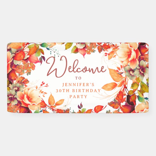 Fall Autumn Watercolor Floral 30th Birthday Party Banner (Horizontal)