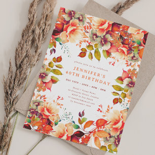 Fall Autumn Watercolor Floral 40th Birthday Invitation