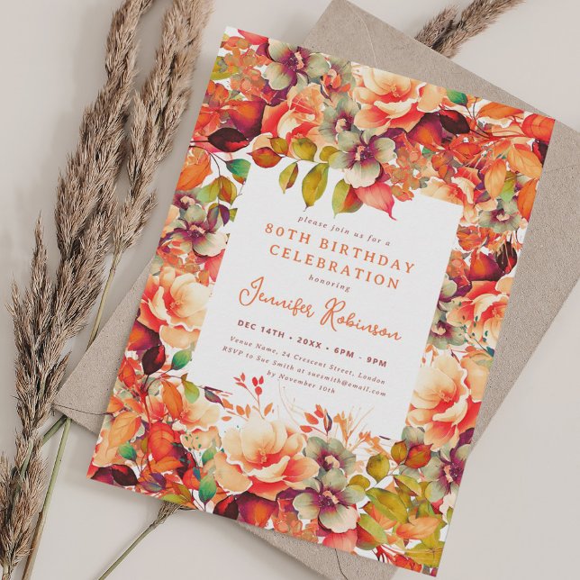 Fall Autumn Watercolor Floral 80th Birthday Party  Invitation (Fall Autumn Watercolor Floral 80th Birthday Party Invitation)