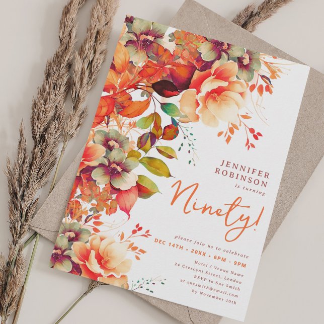 Fall Autumn Watercolor Floral 90th Birthday  Invitation (Fall Autumn Watercolor Floral 90th Birthday Invitation)