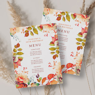 Fall Autumn Watercolor Floral 90th Birthday Menu Invitation