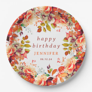 Fall Autumn Watercolor Floral Any Age Birthday Paper Plate