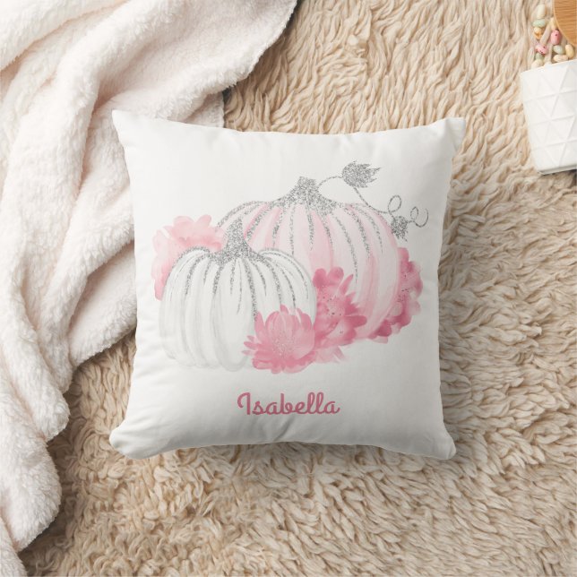 Fall Autumn Watercolor Glitter Pumpkin Pink White  Cushion (Blanket)