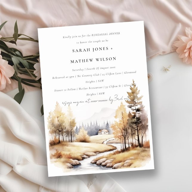 Fall Autumn Watercolor Landscape Rehearsal Dinner Invitation (Creator Uploaded)