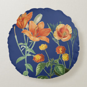 Fall Autumn Watercolor Orange Floral Blue Round Cushion