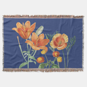 Fall Autumn Watercolor Orange Floral Blue Throw Blanket