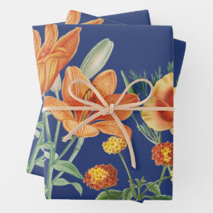 Fall Autumn Watercolor Orange Floral Blue  Wrapping Paper Sheet