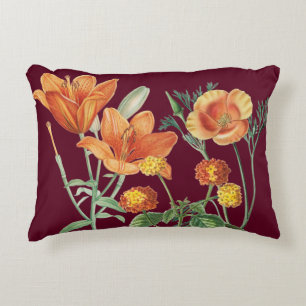 Fall Autumn Watercolor Orange Floral Burgundy Decorative Cushion