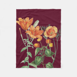 Fall Autumn Watercolor Orange Floral Burgundy Fleece Blanket