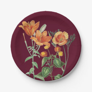 Fall Autumn Watercolor Orange Floral Burgundy  Paper Plate