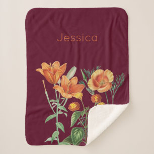 Fall Autumn Watercolor Orange Floral Burgundy Sherpa Blanket
