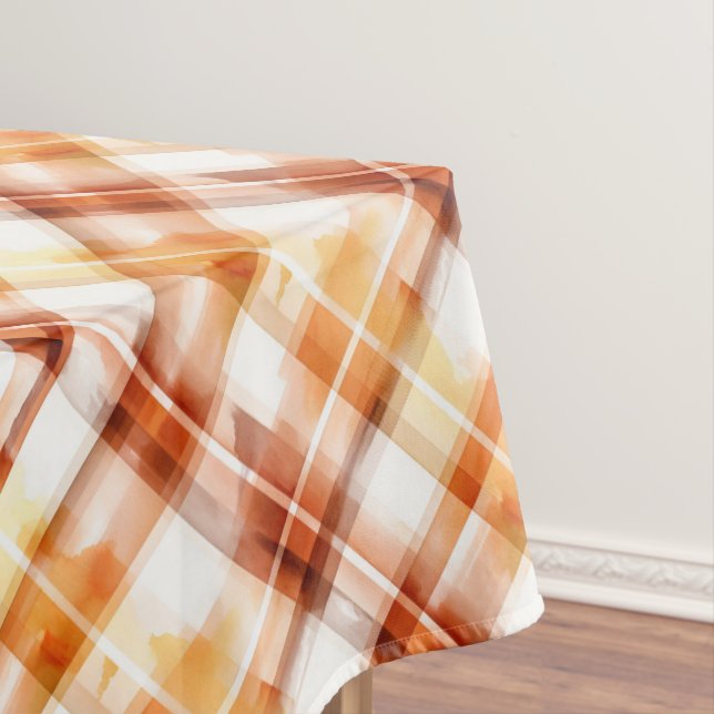 Fall Autumn Watercolor Orange Plaid Pattern Tablecloth (In Situ)