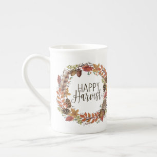 fall autumn watercolor wreath bone china mug