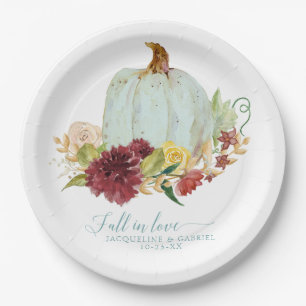 Fall Autumn Wedding Aqua Blue Pumpkin Floral Paper Plate