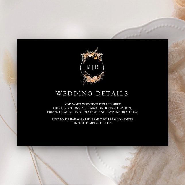 Fall Autumn Wildflower Crest Black Wedding Details Enclosure Card (Creator Uploaded)