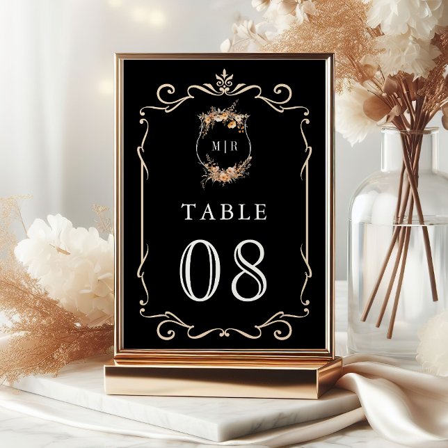 Fall Autumn Wildflower Crest Black Wedding Table Number (Creator Uploaded)