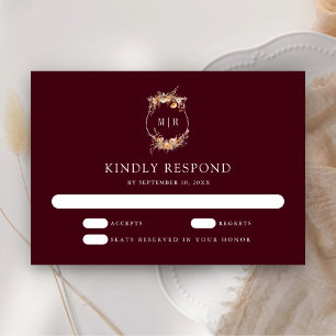 Fall Autumn Wildflower Crest Burgundy Wedding RSVP Card