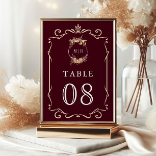 Fall Autumn Wildflower Crest Burgundy Wedding Table Number