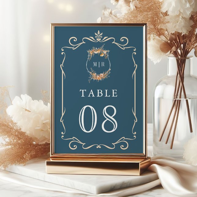 Fall Autumn Wildflower Crest Dusty Blue Wedding Table Number (Creator Uploaded)