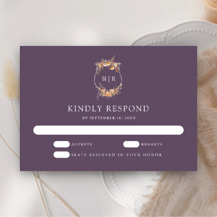 Fall Autumn Wildflower Crest Dusty Purple Wedding RSVP Card