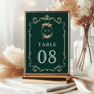 Fall Autumn Wildflower Crest Emerald Green Wedding Table Number
