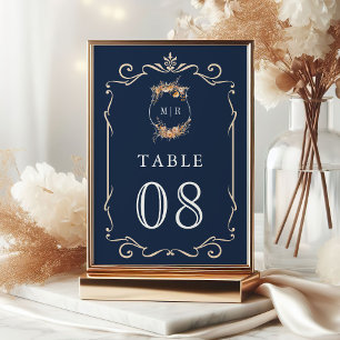 Fall Autumn Wildflower Crest Navy Blue Wedding Table Number