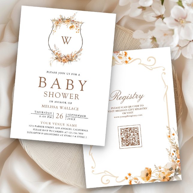 Fall Autumn Wildflower Crest QR Code Baby Shower Invitation (Creator Uploaded)