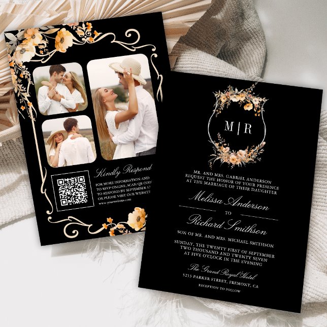 Fall Autumn Wildflower Crest QR Code Black Wedding Invitation (Creator Uploaded)
