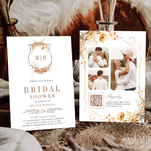 Fall Autumn Wildflower Crest QR Code Bridal Shower Invitation