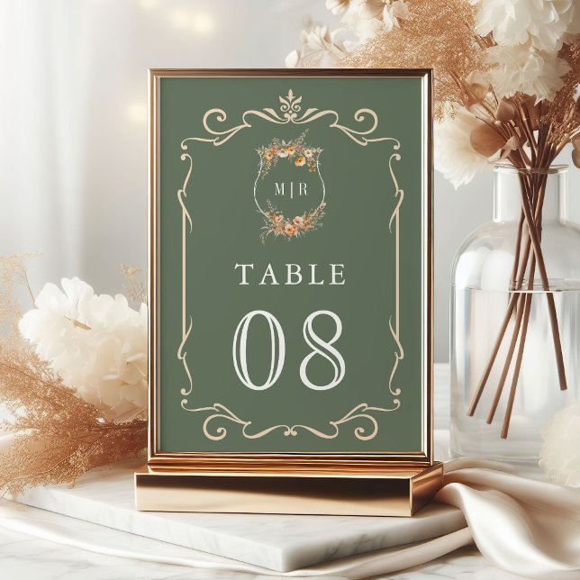 Fall Autumn Wildflower Crest Sage Green Wedding Table Number (Creator Uploaded)