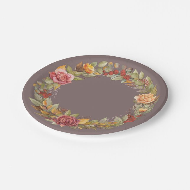 Fall/Autumnal Floral Wreath Thanksgiving Paper Plate (Angled)