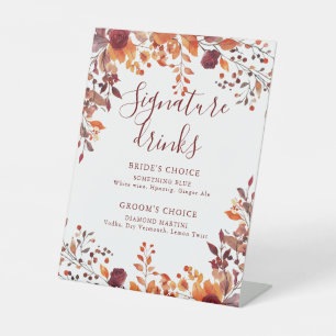 Fall Autumnal Leaves Burgundy Signature Drinks Pedestal Sign