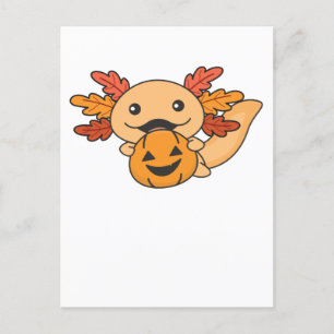 Fall Axolotl With Fall Leaves Pumpkin Fall Holiday Postcard