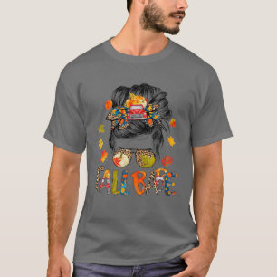 Fall Babe Fall Mum Blessed Messy Bun Leopard Thank T-Shirt