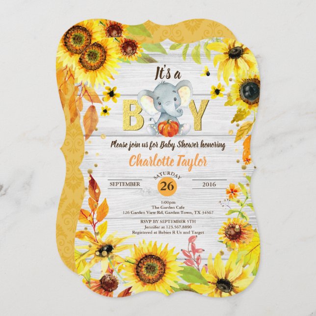 Fall baby boy shower invitation sunflower elephant (Front/Back)