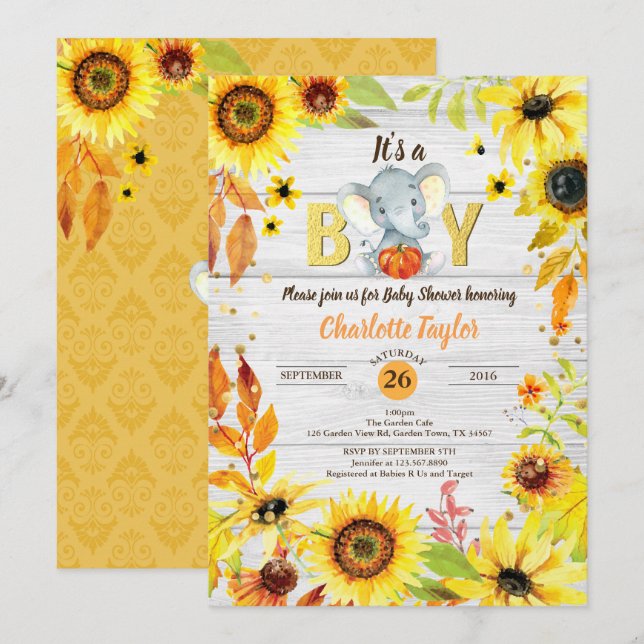 Fall baby boy shower invitation sunflower elephant (Front/Back)