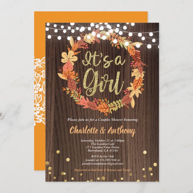 Fall baby girl shower invitation wreath rustic (Front/Back)