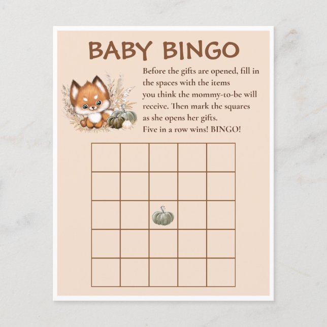Fall Baby Shower Cute Fox Pumpkins Baby Bingo Game (Front)