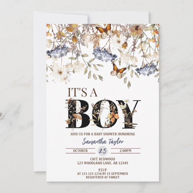 Fall Baby Shower Invitation, Autumn Baby Boy Invitation (Front)