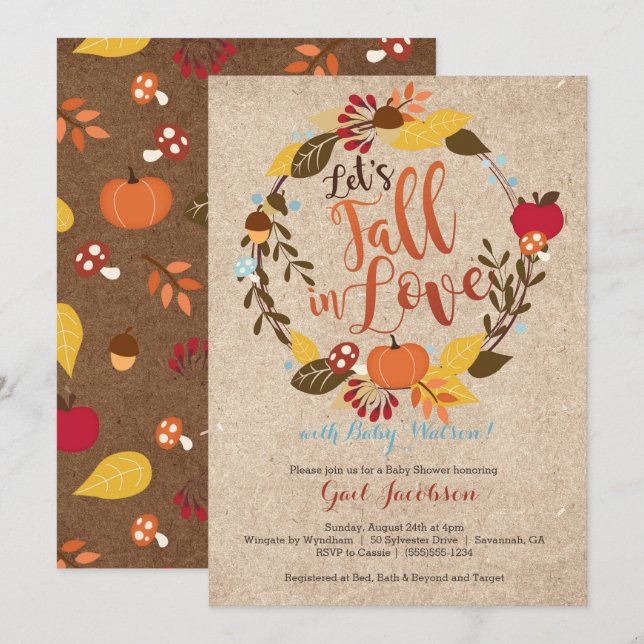 Fall Baby Shower Invitation - "Fall in Love" Blue (Front/Back)